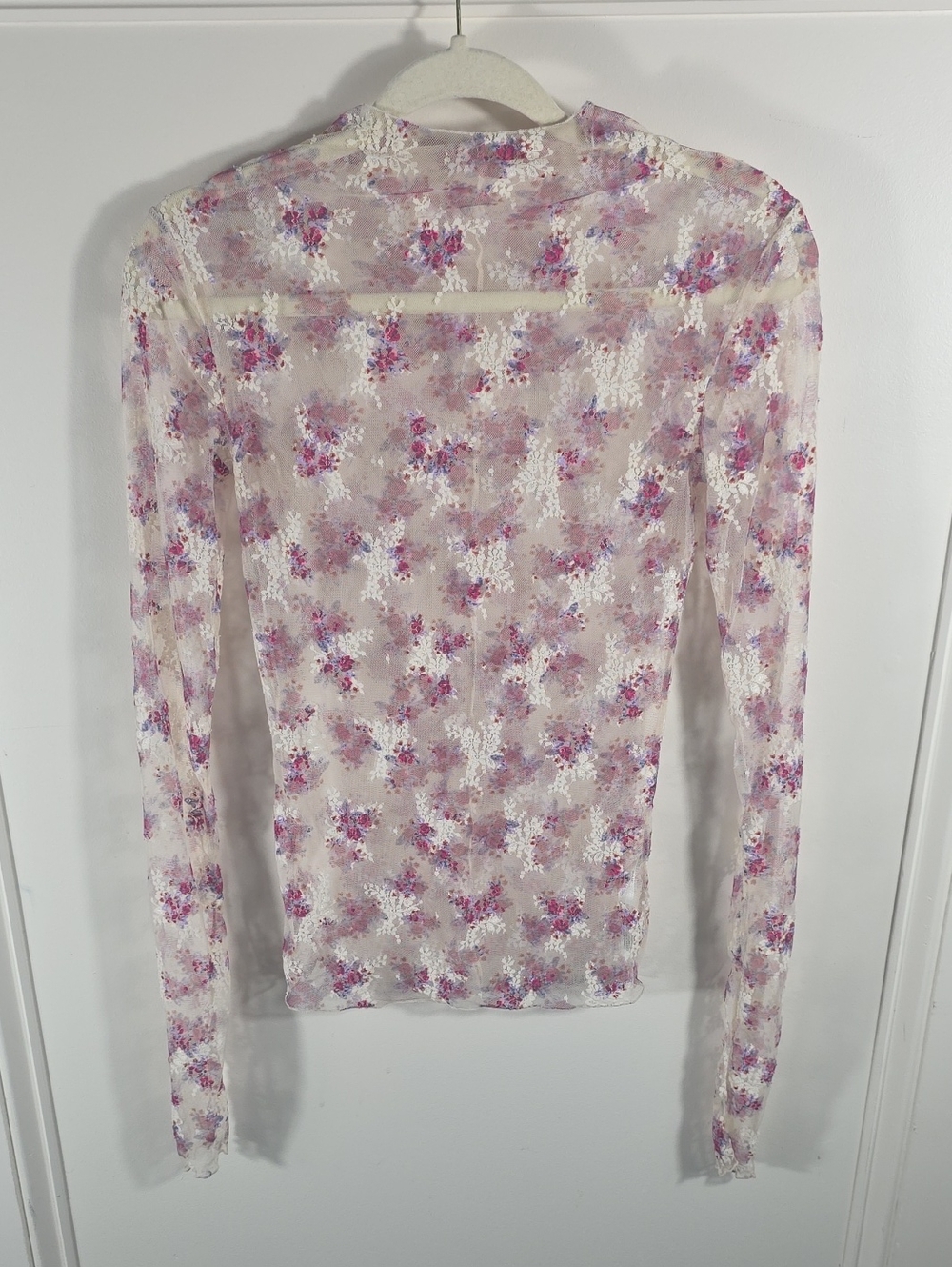 Free People Sheer Floral Mesh Long Sleeve Top - Pink & White